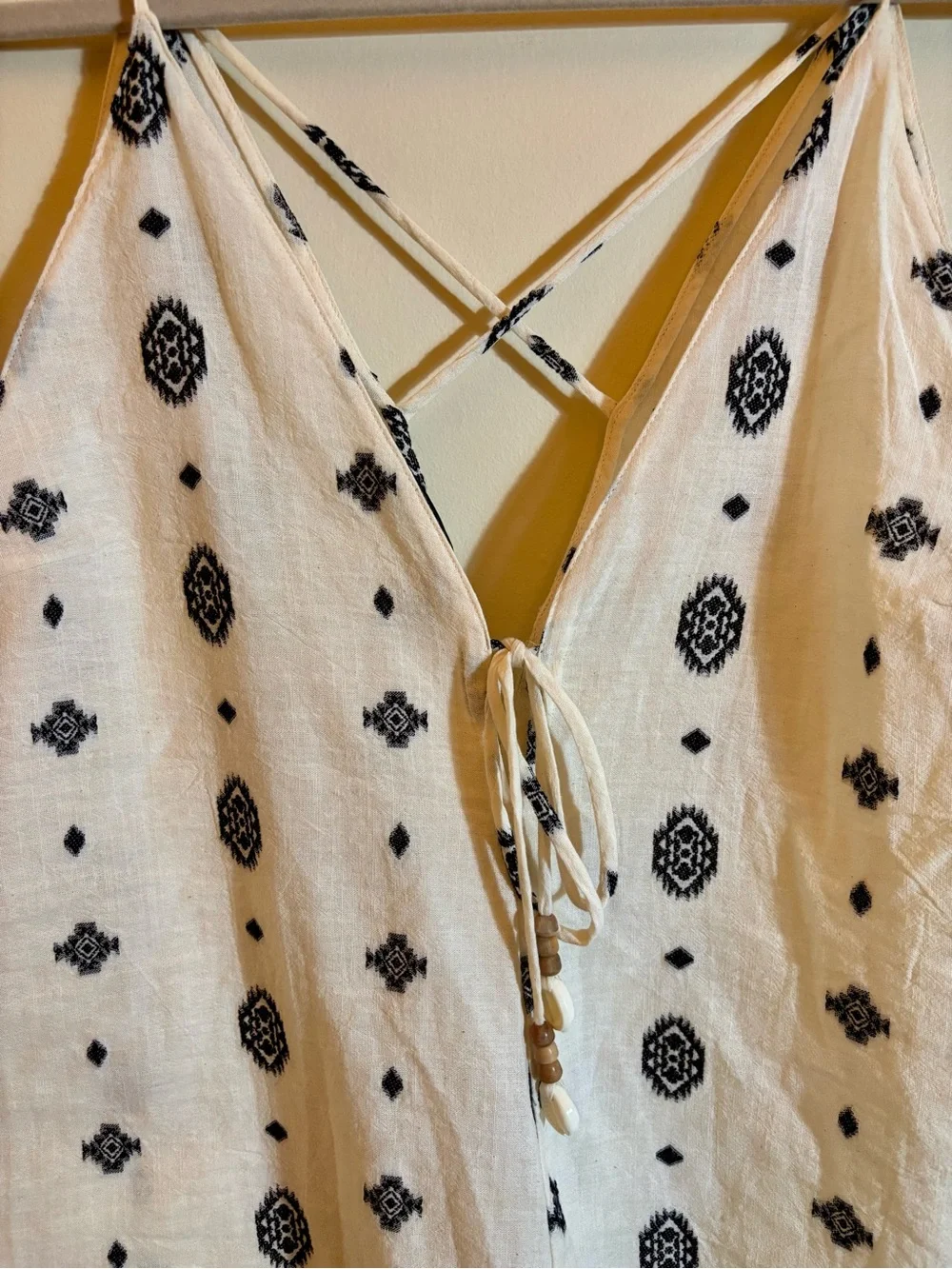 Zara Cream Tribal Pattern Embroidered V-Neck Spaghetti Strap Tie Front Romper